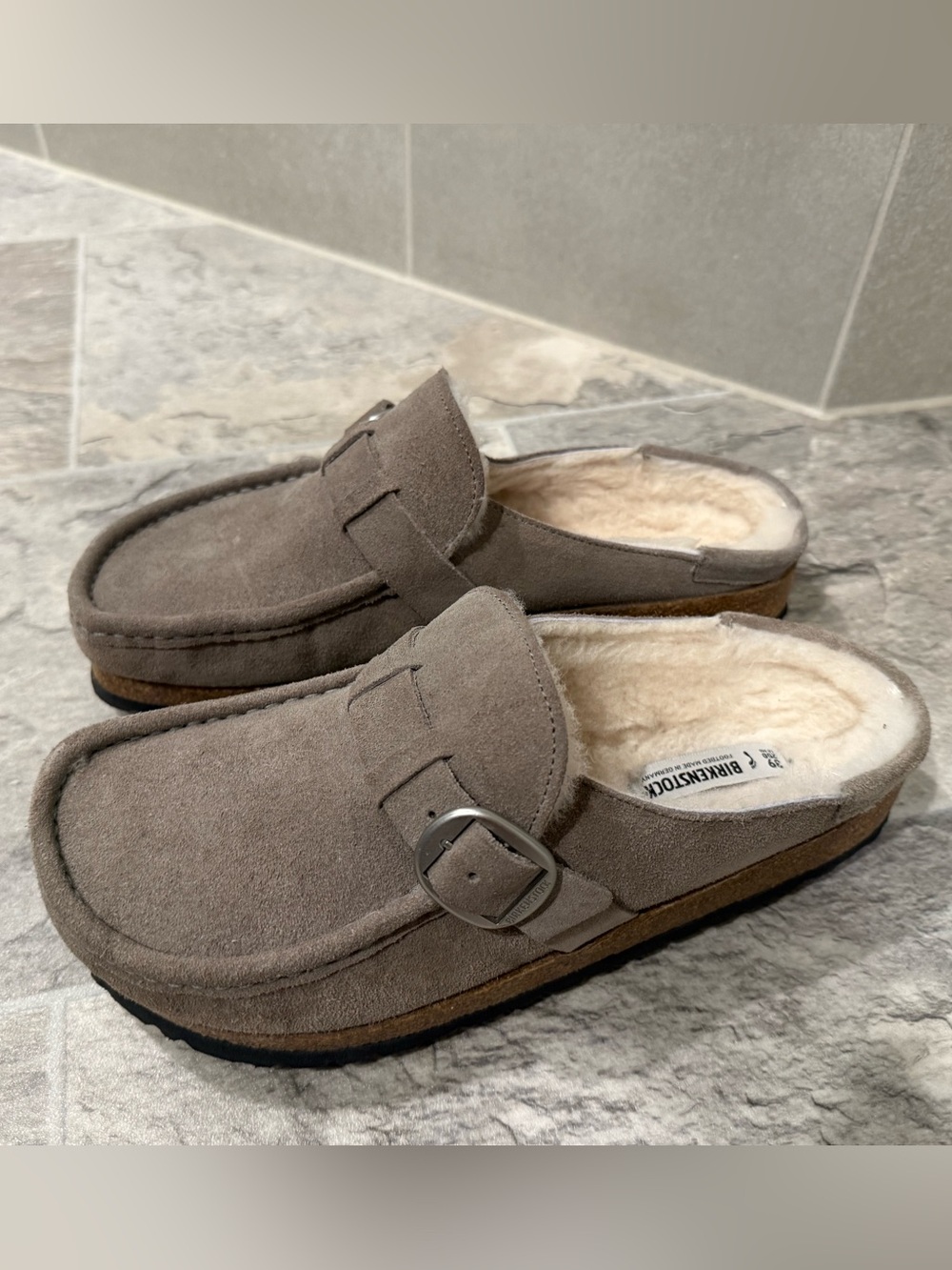 Birkenstock Suede Shearling Lined Slip-On Clog - gray, size 39